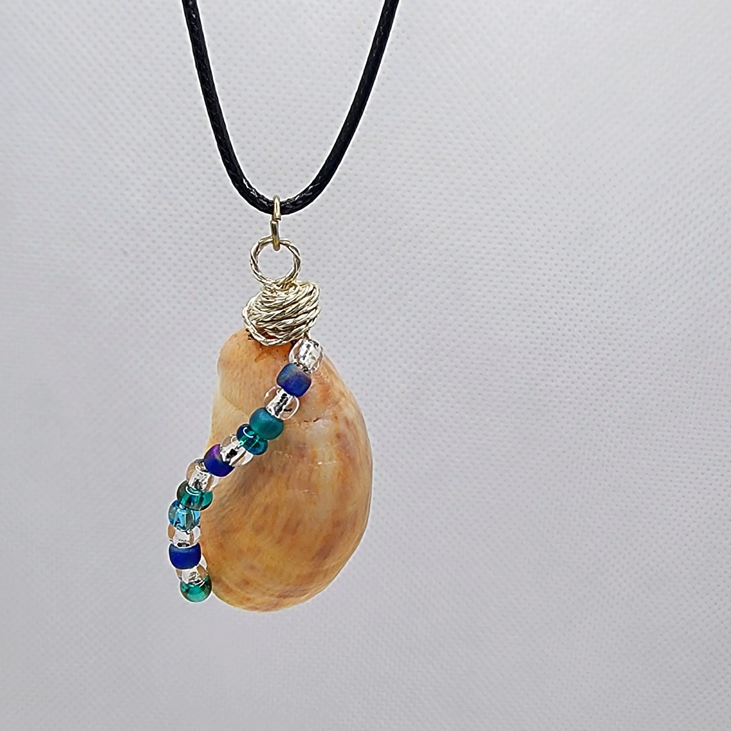 Common Atlantic Slipper Shell  Handmade Pendant-Silver Wire Wrap- Blue-Silver-Green Glass Beads-Boho Style