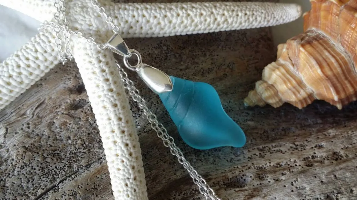 Handmade in Hawaii, Turquoise Blue seashell Necklace sea glass necklace, Blue Beach glass Jewelry Unique Birthday Gift (December Birthstone)